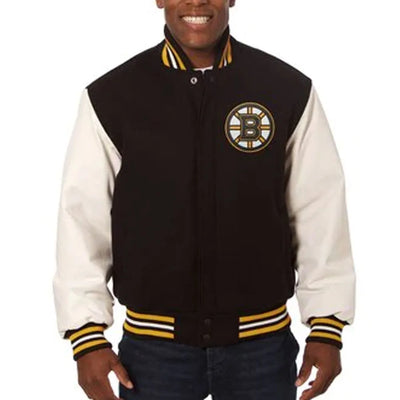 Men Boston Bruins Black Wool & Leather Sleeves Varsity Jacket - NHL