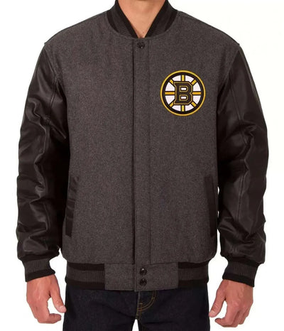 Men Boston Bruins Grey and Black Two Tone Varsity Jacket - NHL