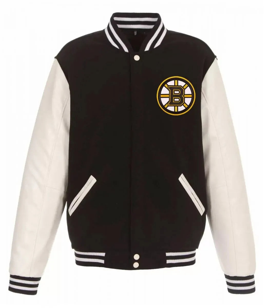 Men Boston Bruins White and Black Varsity Jacket - NHL