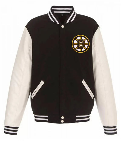 Men Boston Bruins White and Black Varsity Jacket - NHL