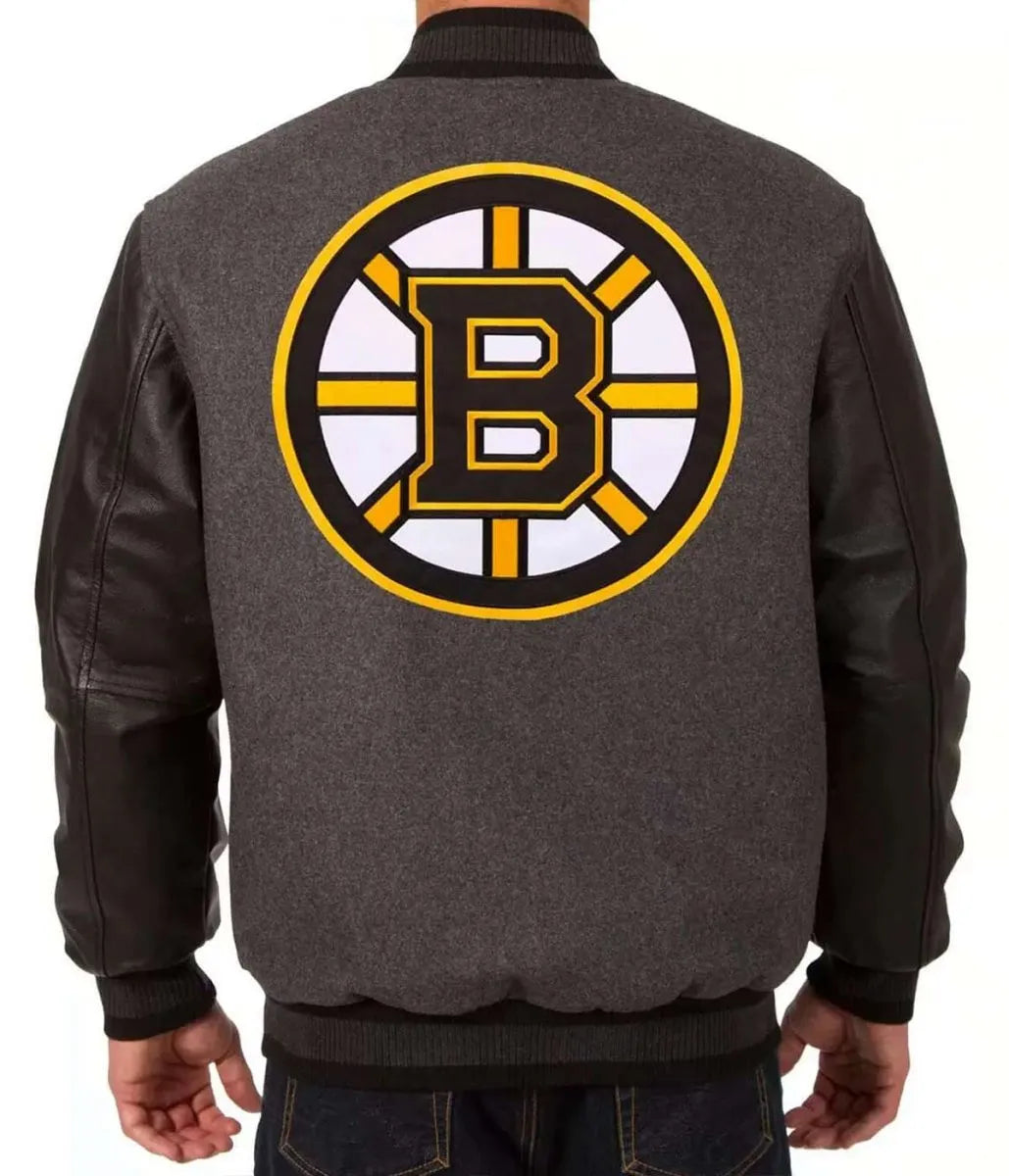 Men Boston Bruins Grey and Black Two Tone Varsity Jacket - NHL