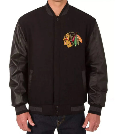 Men Chicago Black hawks Black Wool Leather Varsity Jacket -  NHL