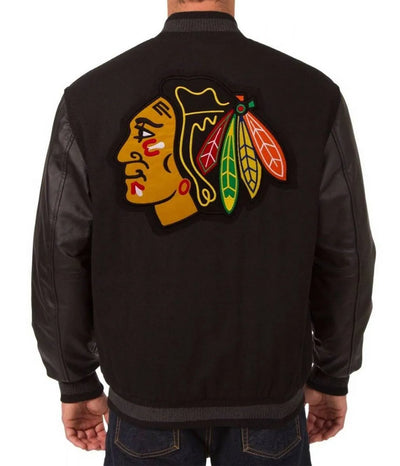 Men Chicago Black hawks Black Wool Leather Varsity Jacket -  NHL