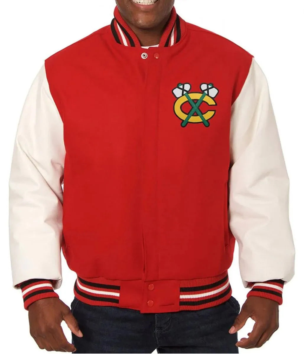 Men Chicago Black hawks Red and White Two Tone Varsity Jacket - NHL