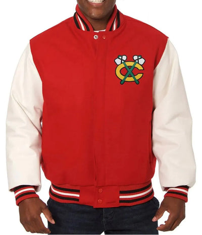 Men Chicago Black hawks Red and White Two Tone Varsity Jacket - NHL