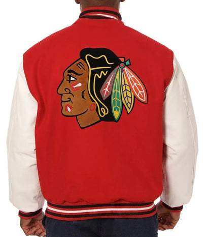 Men Chicago Black hawks Red and White Two Tone Varsity Jacket - NHL