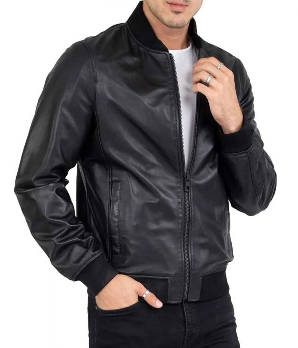 Men’s Casual Bomber Real Black Leather Jacket