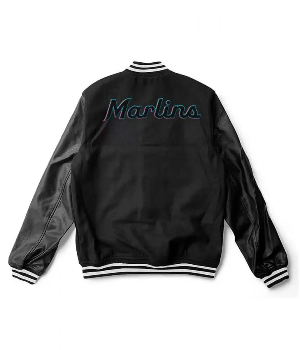 Men Miami Marlins Black Wool Leather Varsity Jacket - MLB