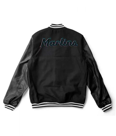 Men Miami Marlins Black Wool Leather Varsity Jacket - MLB