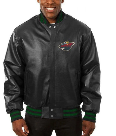 Men Minnesota Wild Black Leather Varsity Jacket - NHL