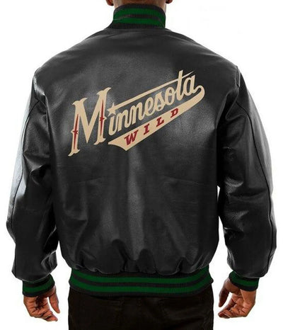 Men Minnesota Wild Black Leather Varsity Jacket - NHL