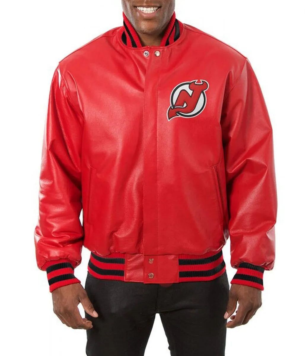 Men Bomber New Jersey Devils Red Leather Jacket - NHL