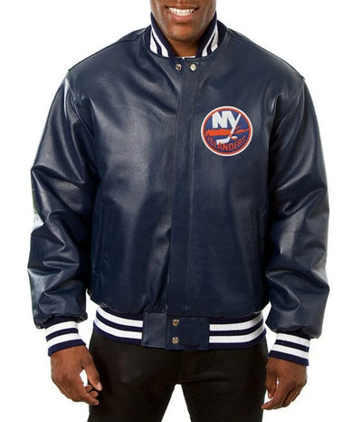 Men New York Islanders Navy Blue Leather Varsity Jacket - NHL