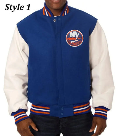 Men NY Islanders Blue and White Style 1 Letterman Jacket - NHL