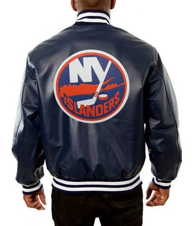 Men New York Islanders Navy Blue Leather Varsity Jacket - NHL