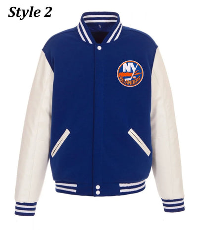 Men NY Islanders Blue and White Style 2 Letterman Jacket - NHL