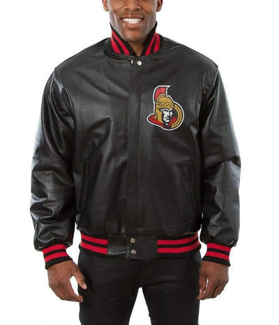 Men Ottawa Senators Black Leather Varsity Jacket - NHL