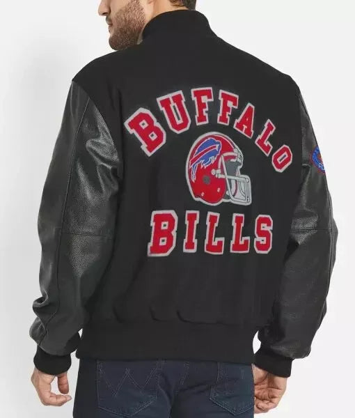 90’s Style Buffalo Bills Letterman Varsity Jacket with Genuine Leather Sleeves