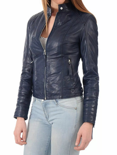 Leather Jacket Women Biker Motorcycle Women Soft Fit Size Real Blue