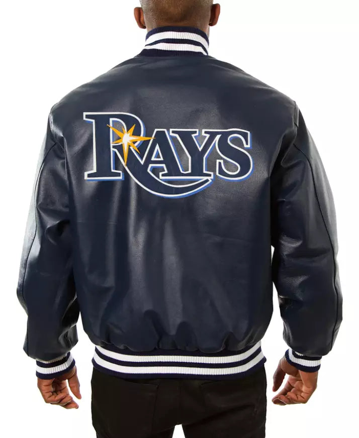 Men Letterman Tampa Bay Rays Letterman Navy Blue Leather Jacket - MLB