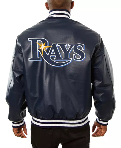 Men Letterman Tampa Bay Rays Letterman Navy Blue Leather Jacket - MLB