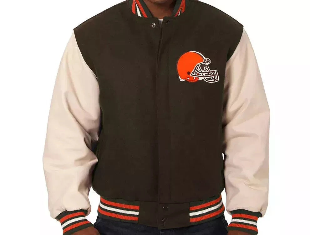 NFL Cleveland Browns White and Brown Lettermen Varsity Jacket