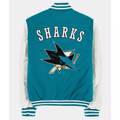 San Jose Sharks Varsity Jacket Teal Wool with White Genuine Leather Sleeves