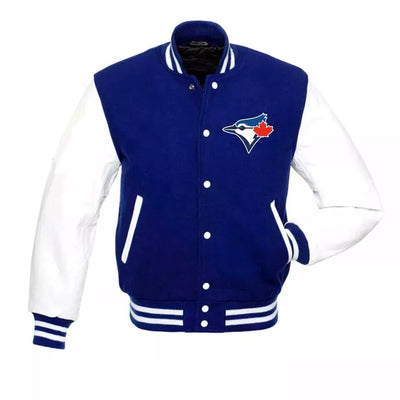 Men Toronto blue Jays Lettermen Blue Varsity jacket Wool & White Genuine Leather Sleeves - MLB