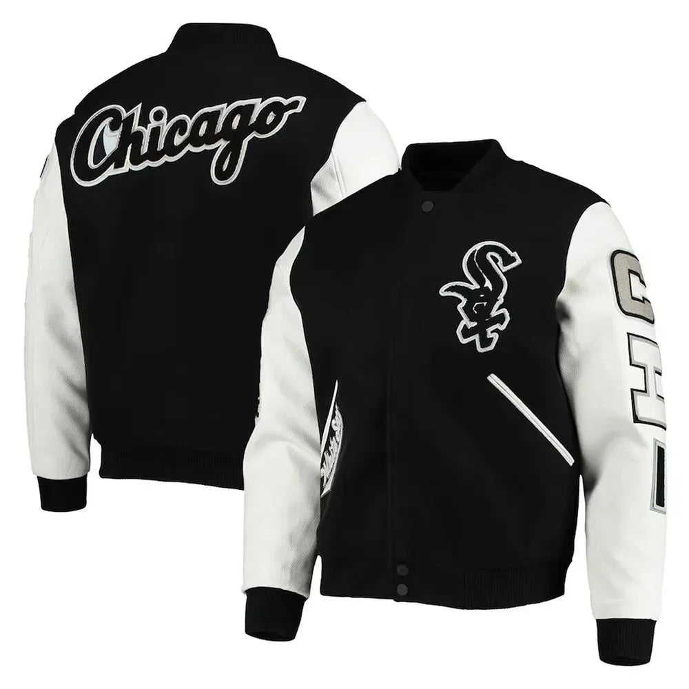 Men Letterman Chicago White Sox Black and White Heavy Varsity Jacket - MLB