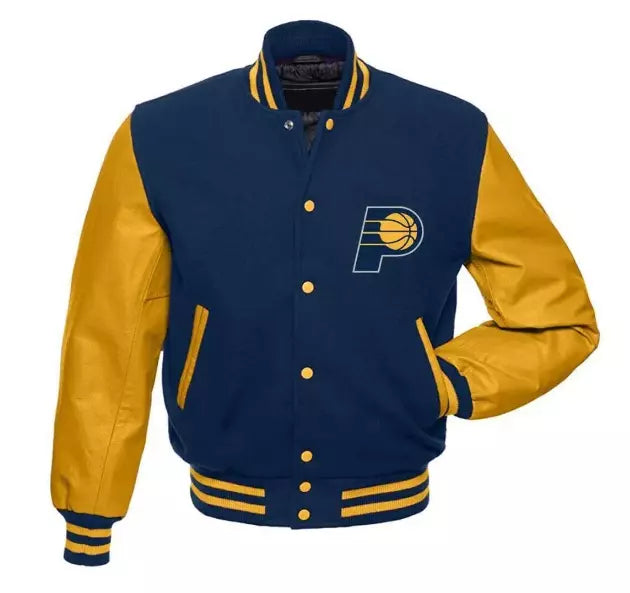 Men Letterman Indiana Pacers Blue and Yellow Varsity Jacket - NBA