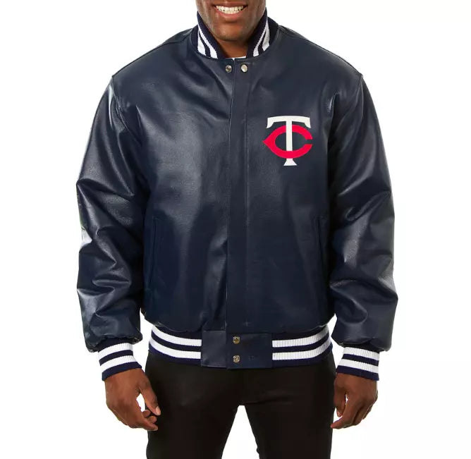 Men Minnesota Twins Letterman Leather Navy Blue varsity jacket With logo Patches - MLB