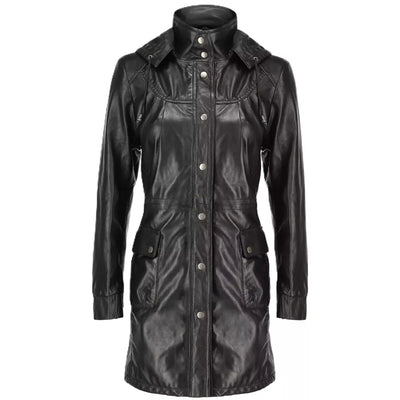 Women's Black 100% Geniune Lambskin Leather Party Wear Trench Coat Hoodie Jacket