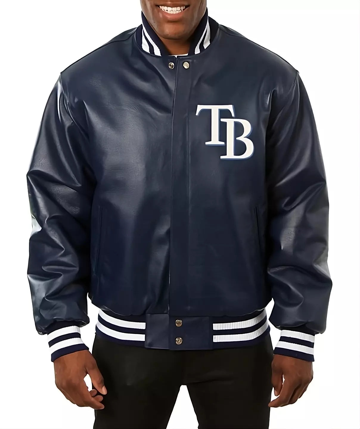 Men Letterman Tampa Bay Rays Letterman Navy Blue Leather Jacket - MLB