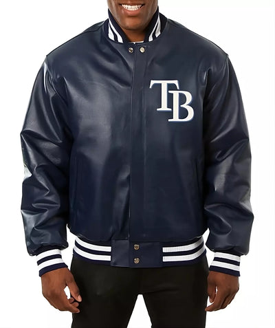 Men Letterman Tampa Bay Rays Letterman Navy Blue Leather Jacket - MLB