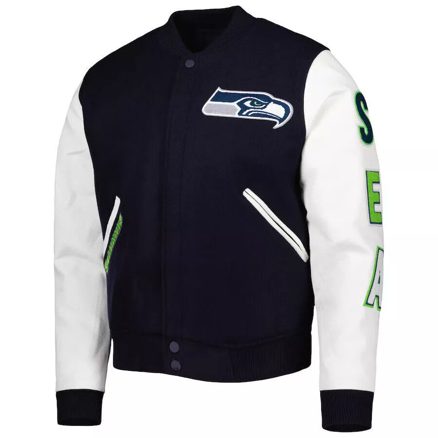 Letterman Seattle Seahawks Navy & White Varsity Jacket w Genuine Leather Sleeves - NFL