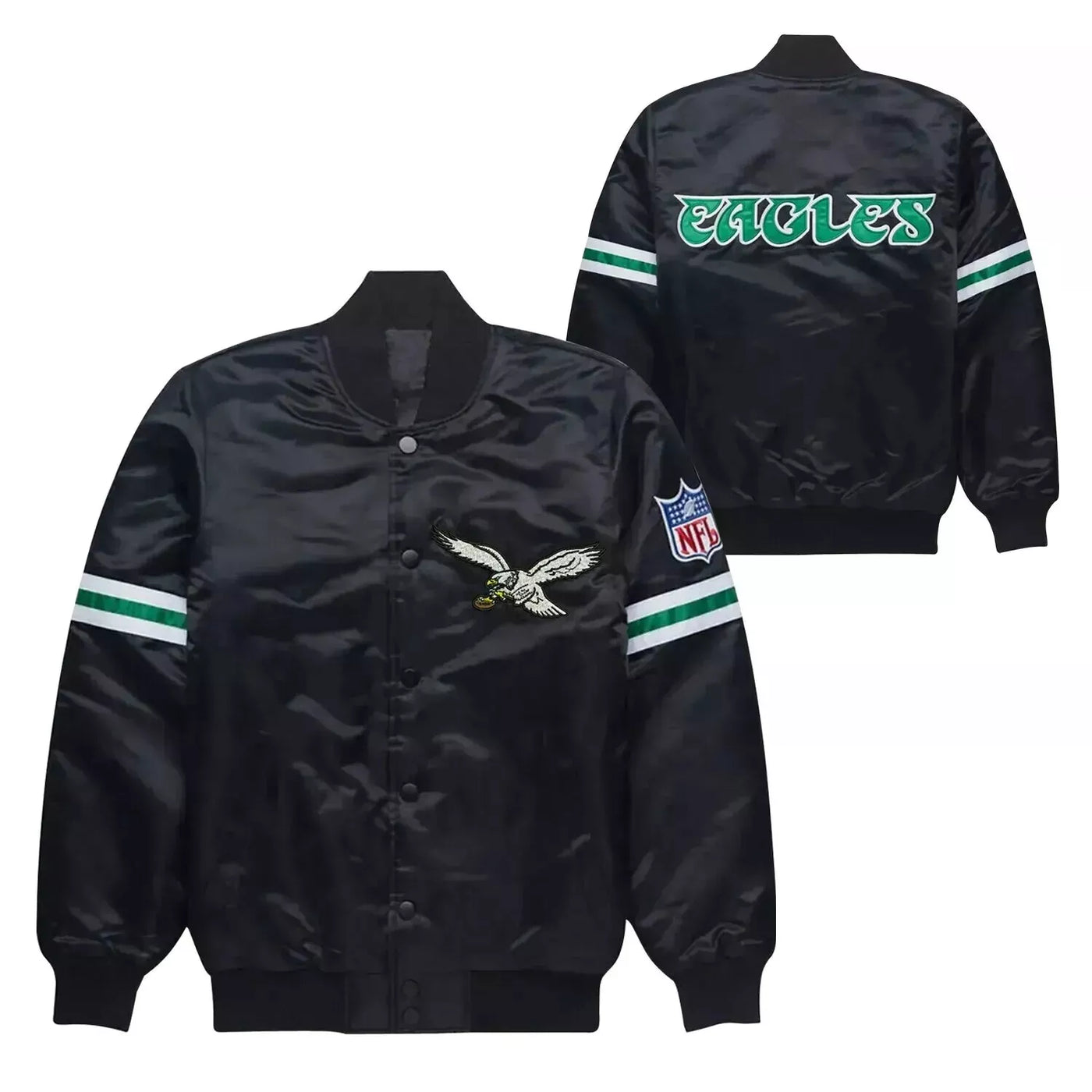 Philadelphia Eagles Black Full Snap Satin Varsity Jacket Embroidery logos black - NFL