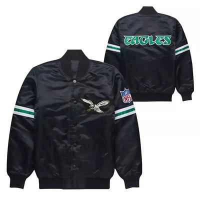 Philadelphia Eagles Black Full Snap Satin Varsity Jacket Embroidery logos black - NFL