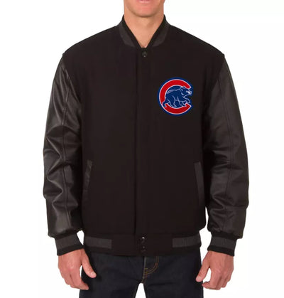 Men Chicago Cubs Letterman Varsity Jacket Black Wool  Genuine Leather Sleeves - MLB