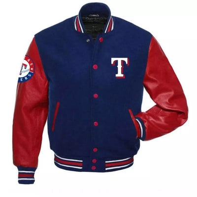 Men Texas Rangers Navy Letterman Varsity Jacket Wool With Red Genuine Leather Sleeves - MLB