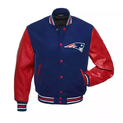 New England Patriots Varsity Jacket Wool & Genuine Leather Sleeves blue and red - NFL