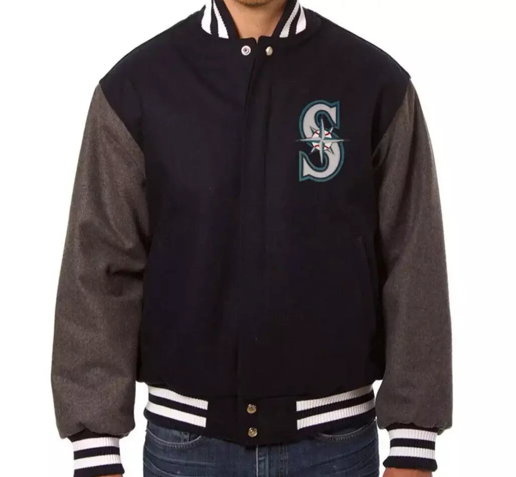 Men Letterman Seattle Mariners Two Tone Navy and Grey Wool Varsity Jacket - MLB