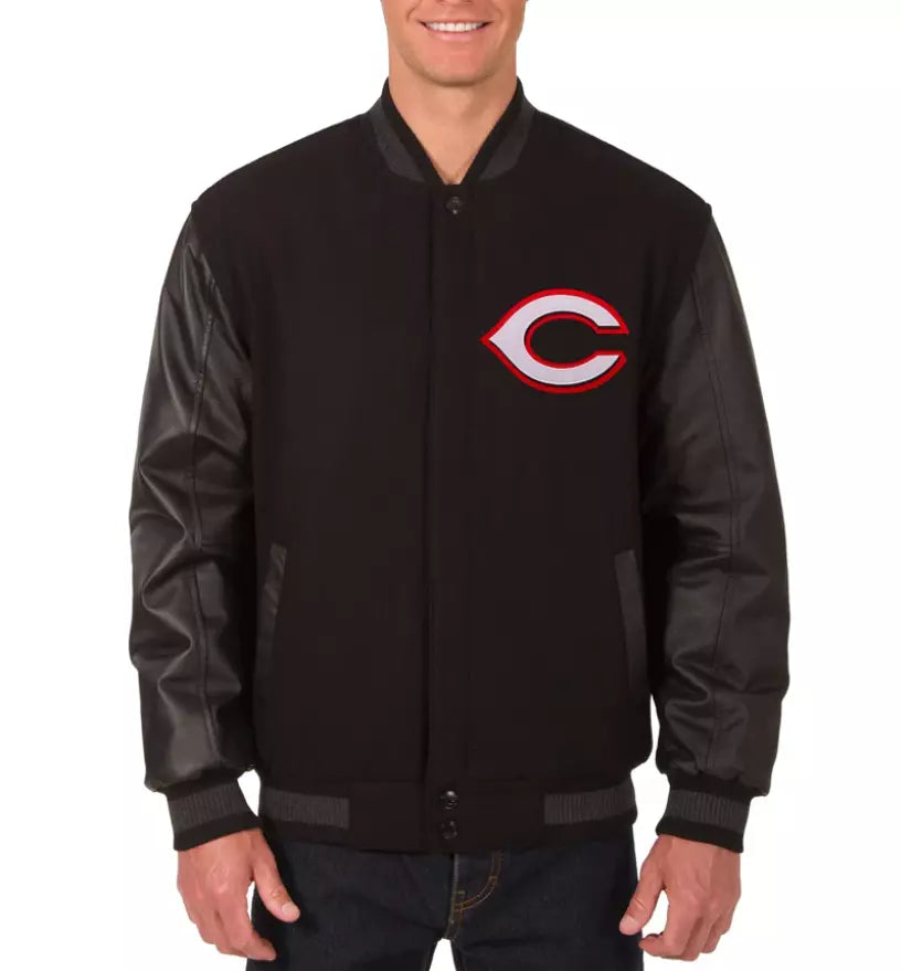 Men Cincinnati Reds Letterman Varsity Jacket Black Wool with Leather Sleeves MLB