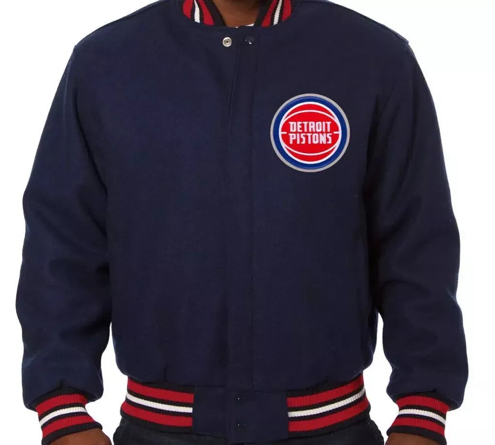 Men Letterman Detroit Pistons Navy Blue All Wool Varsity Jacket - NBA