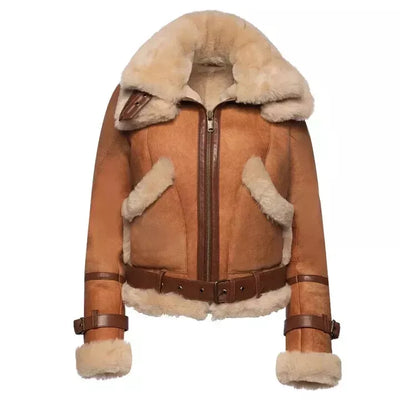 Kristy Vintage Cognac Women Crop Shearling Double collar Bomber Lambskin Jacket