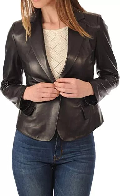 Leather Blazer Coat Jacket Women Lambskin Ladies Trench Biker  Black