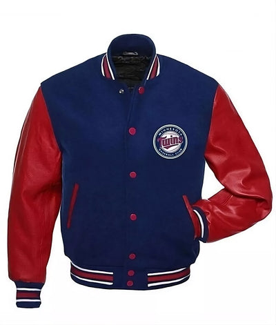 Men Minnesota Twins Navy Letterman Varsity Jacket With Red Genuine Leather Sleeves - MLB