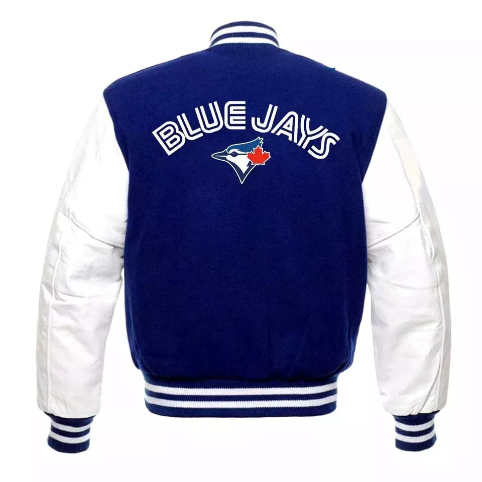 Men Toronto blue Jays Lettermen Blue Varsity jacket Wool & White Genuine Leather Sleeves - MLB