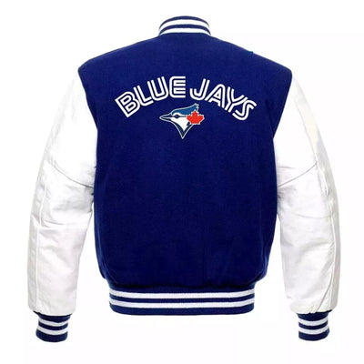 Men Toronto blue Jays Lettermen Blue Varsity jacket Wool & White Genuine Leather Sleeves - MLB