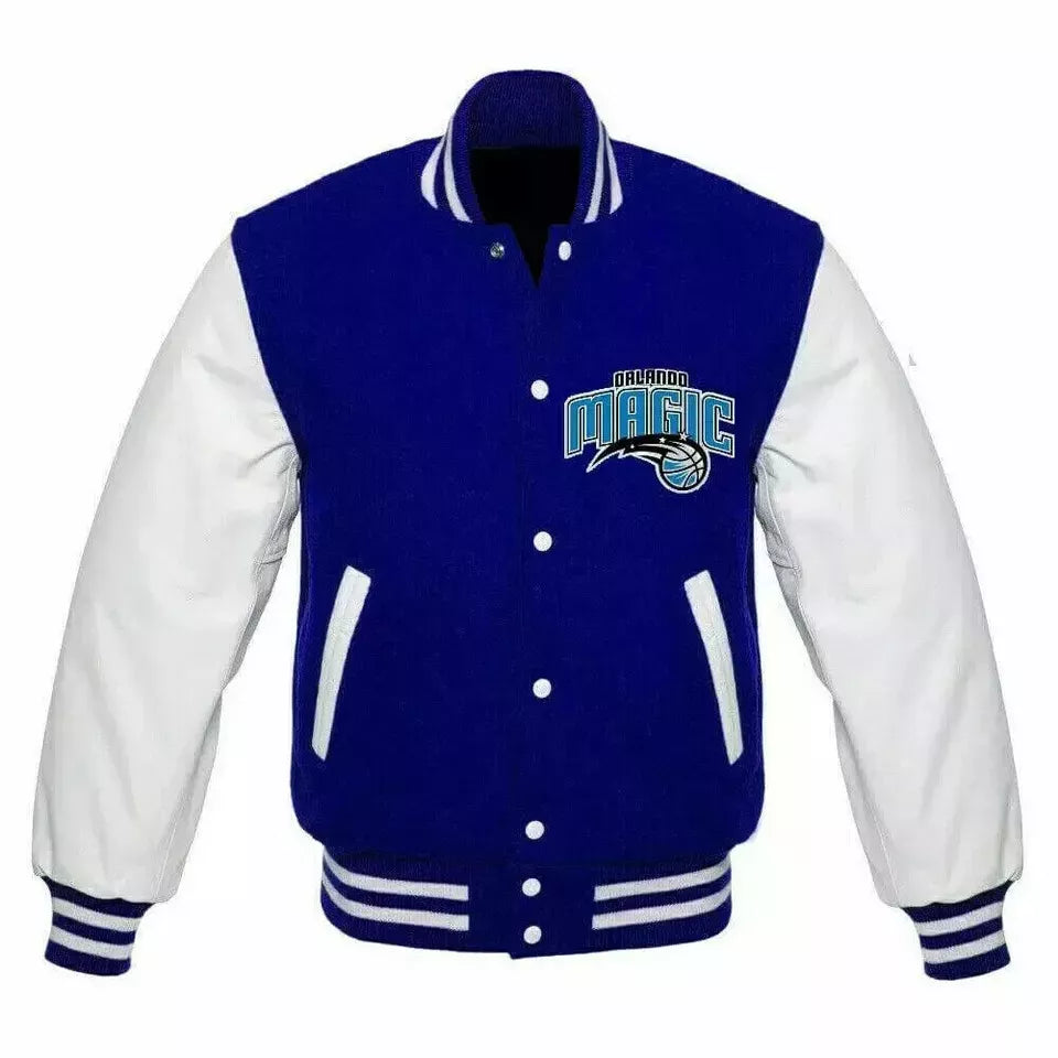 Orlando Magic Blue and White Varsity Jacket with Leather sleeves - NBA