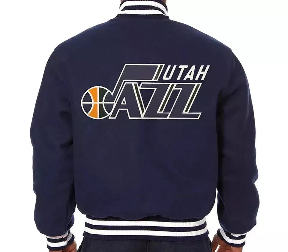 Men Utah Jazz Navy Blue All Wool Letterman Varsity Jacket with Embroidered Logos - NBA